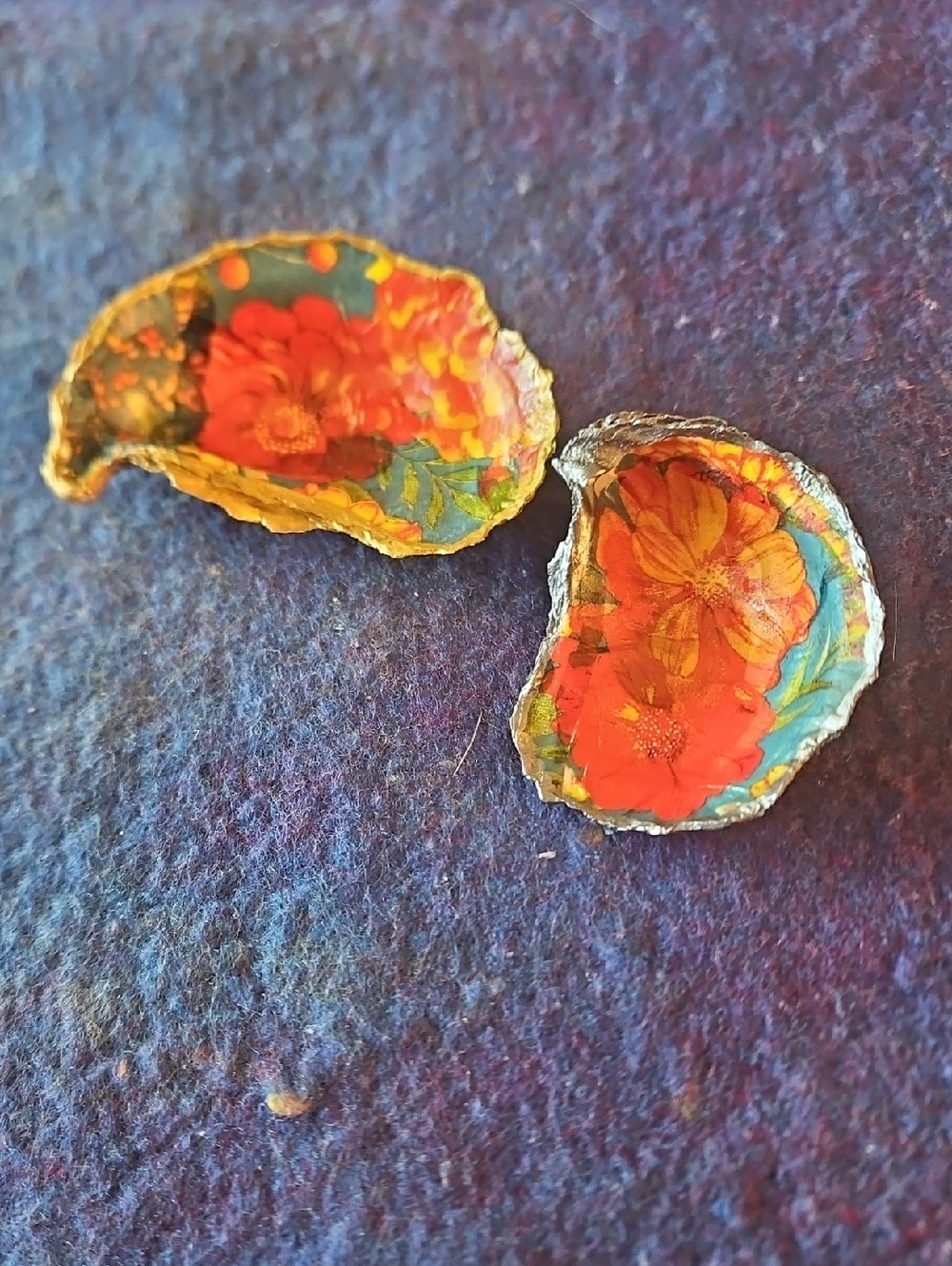 Hand Painted Gold/ Silver Decopaged Oyster Shell Trinket Dishes Floral Design